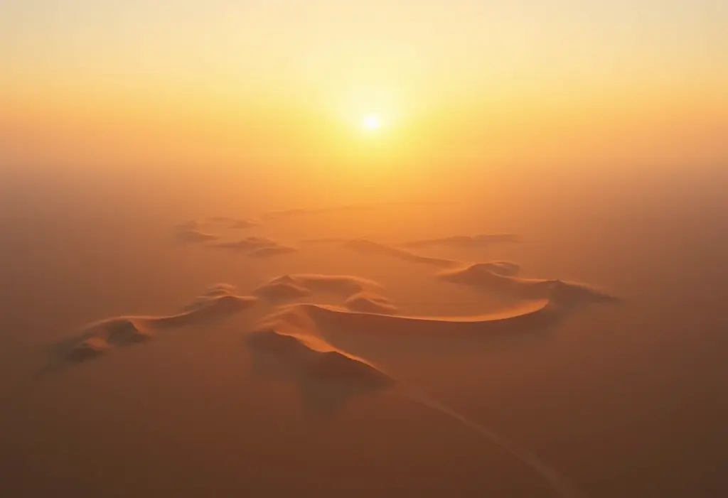 Vista aérea dos Lençóis Maranhenses ao pôr do sol na Rota das Emoções