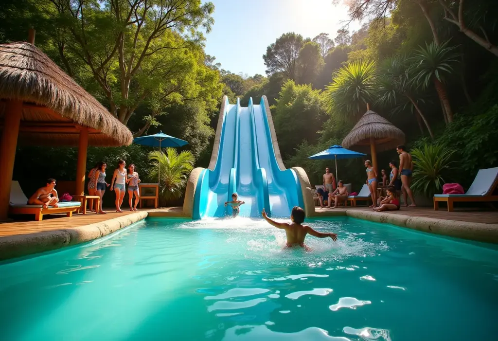 Vista geral do Eco Parque Arraial d'Ajuda com visitantes aproveitando as atrações.