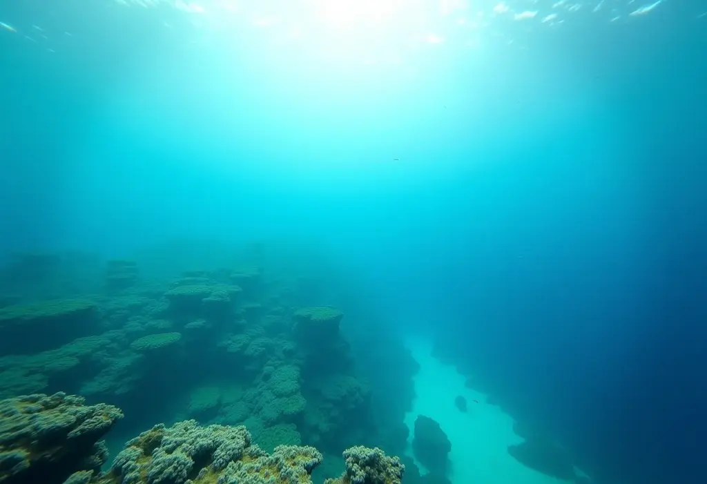 Vista subaquática de Fernando de Noronha com vida marinha vibrante.