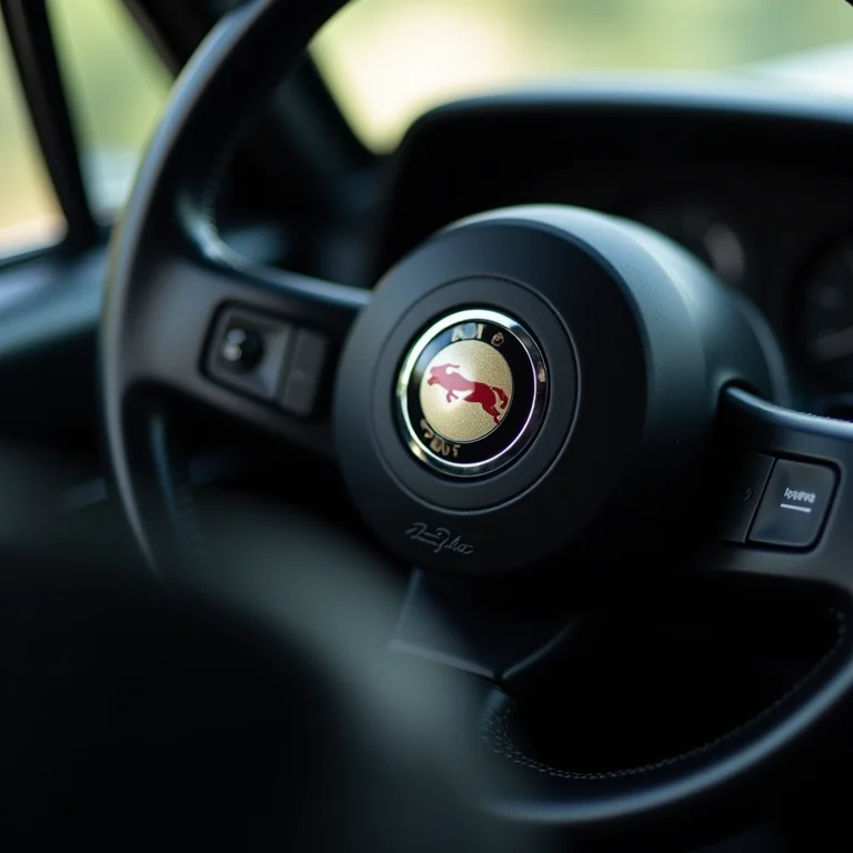 Volante, painel e emblema de um carro antigo