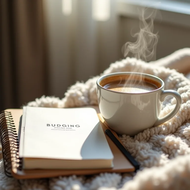 Xícara de café fumegante ao lado de um planejador financeiro e manta aconchegante.