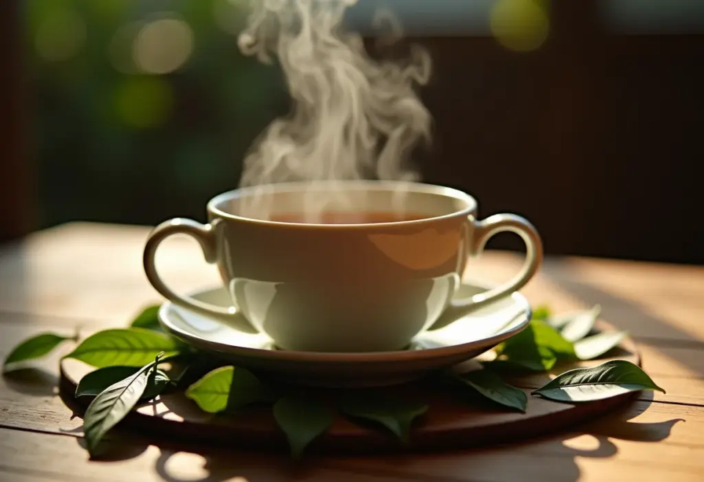 Xícara de chá de Pata de Vaca fumegante com folhas frescas ao redor
