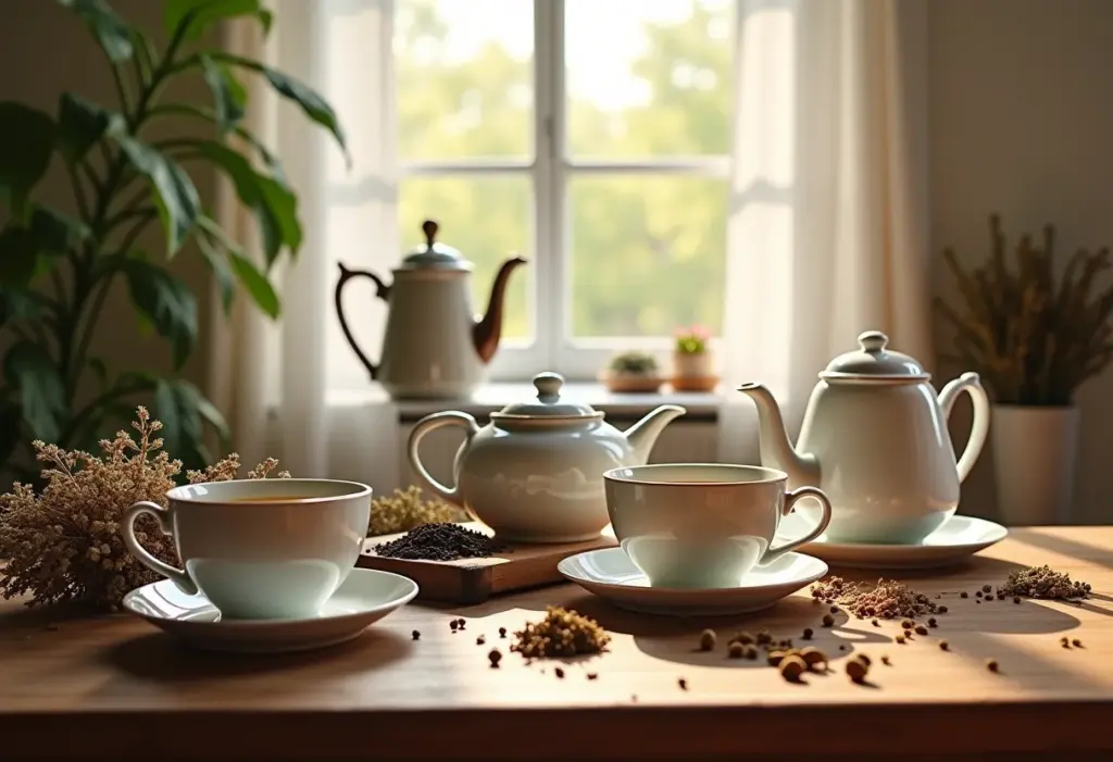 Xícara de chá fumegante rodeada de ervas e flores secas.