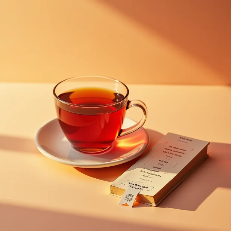 Xícara de chá rooibos com livro e marca-páginas.