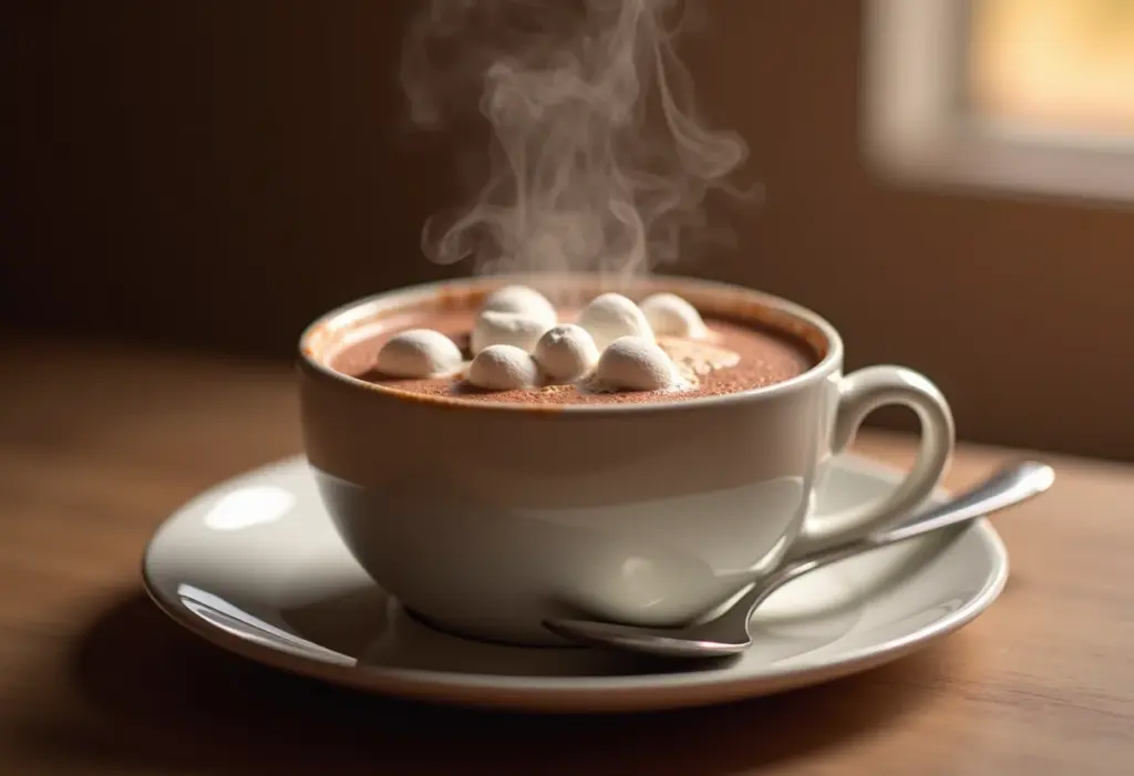 Xícara fumegante de chocolate quente cremoso com marshmallows derretendo.