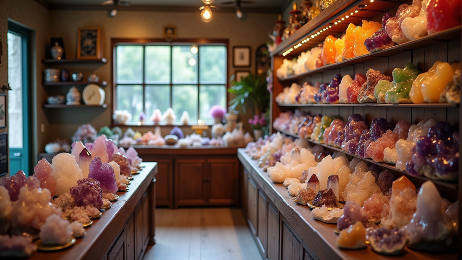 Loja de cristais vibrante com ametista, quartzo rosa e citrino.