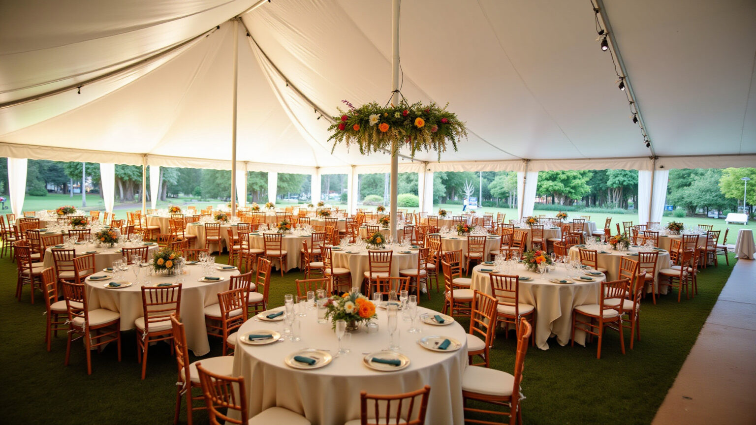 Recepção de casamento ao ar livre sob tenda branca decorada.