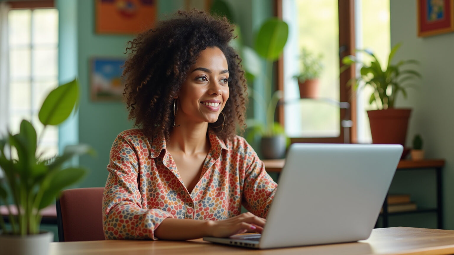 Como Escolher o Notebook Perfeito para Suas Redes Sociais? Mulher trabalhando em notebook para redes sociais em escritório vibrante.