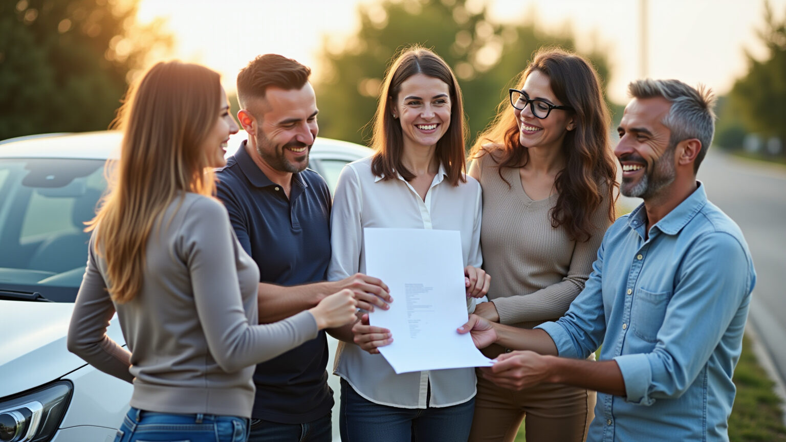 Seguro de Carro: O Que Avaliar Antes de Fechar a Apólice Grupo diverso de pessoas felizes com apólice de seguro de carro.