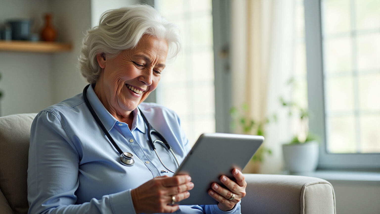 Telemedicina e MedSênior: A Revolução no Cuidado da Saúde para a Terceira Idade Idosa sorrindo em teleconsulta com médico via tablet.