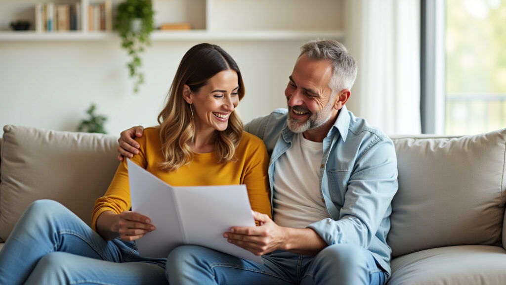 Casal brasileiro discutindo planos imobiliários em casa.