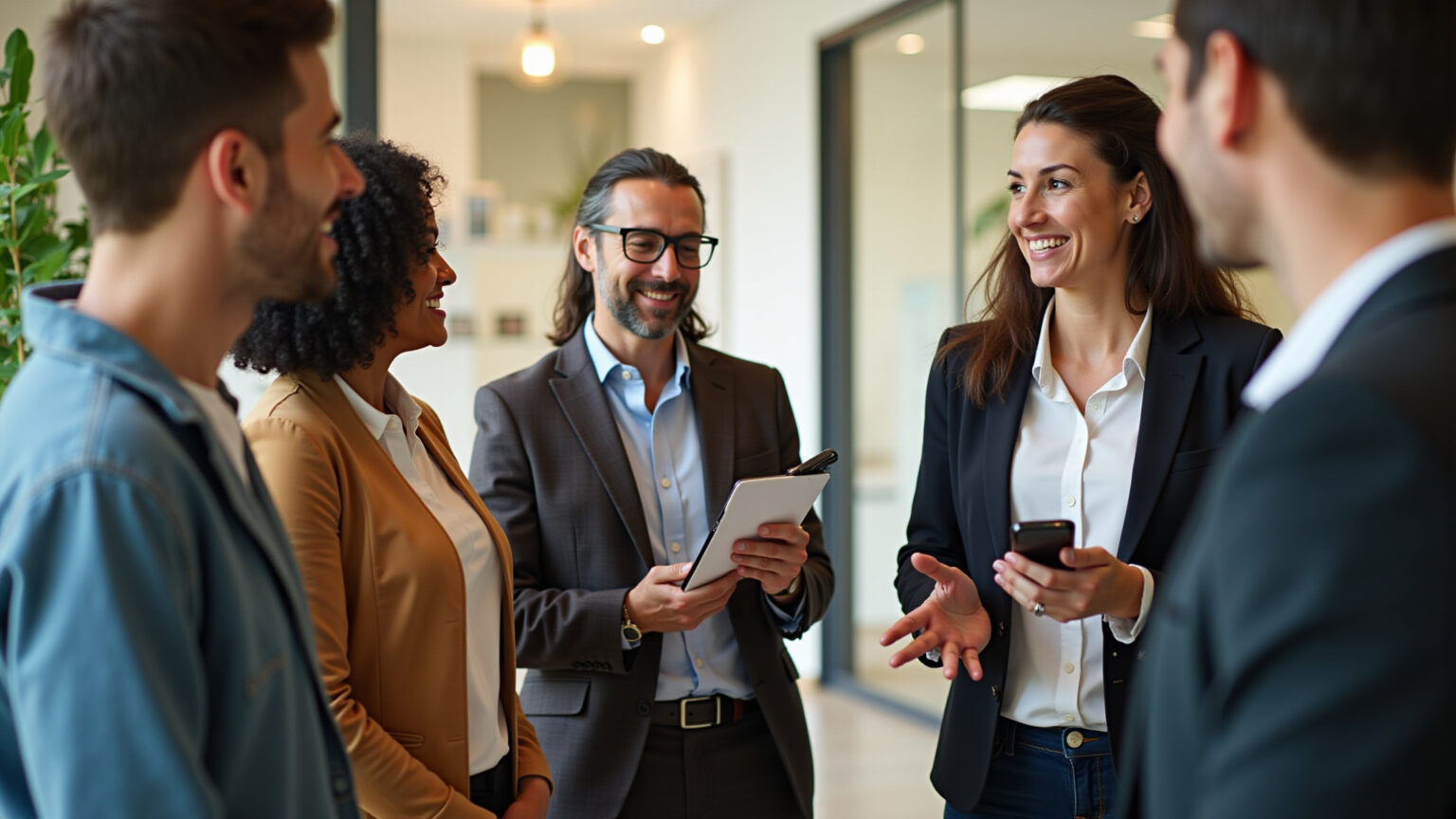 Grupo diverso de pessoas conversando em recepção de clínica de recuperação.