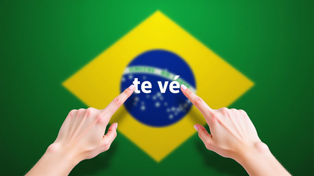 Te ver ou te vê? Guia prático para nunca mais errar Mãos apontando para 'te ver' e 'te vê' na bandeira do Brasil.