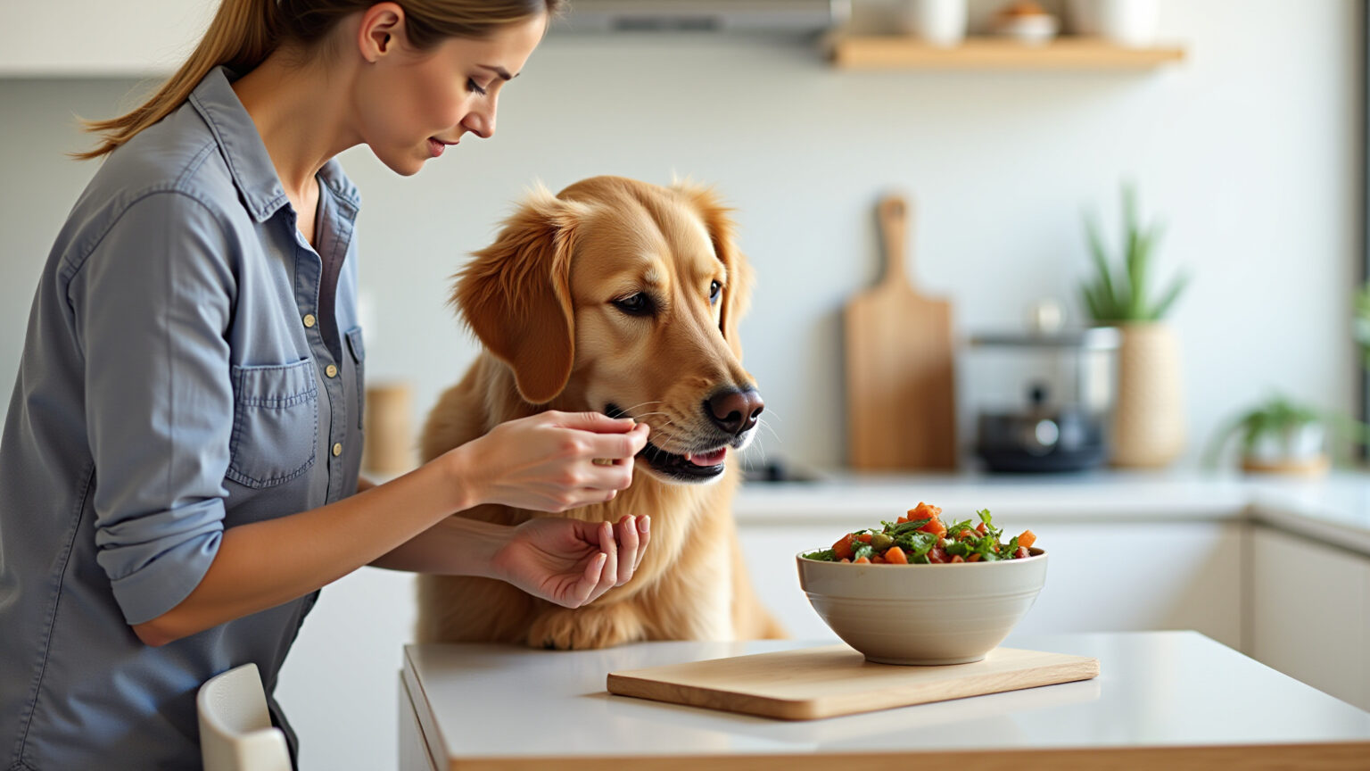 Mulher alimentando cão idoso com comida saudável em cozinha brasileira.