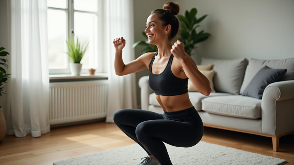 Exercícios em Casa Sem Equipamentos para Corpo Incrível Mulher brasileira sorrindo faz agachamentos em casa.