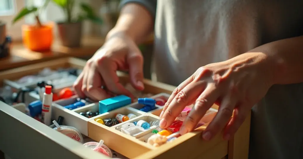 Como organizar a gaveta de cola e adesivos sem gastar quase nada Como organizar a gaveta de cola e adesivos sem gastar quase nada