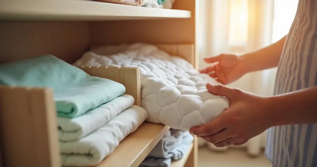 Como organizar o armário de roupas de cama de bebê com 1 truque que salva madrugadas