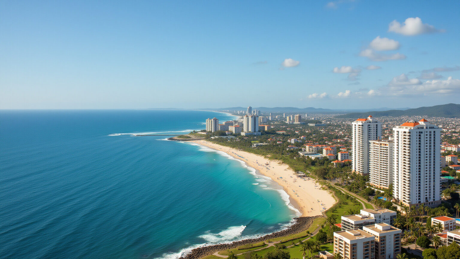 Vista costeira de Natal, RN, com hotéis e praias vibrantes.