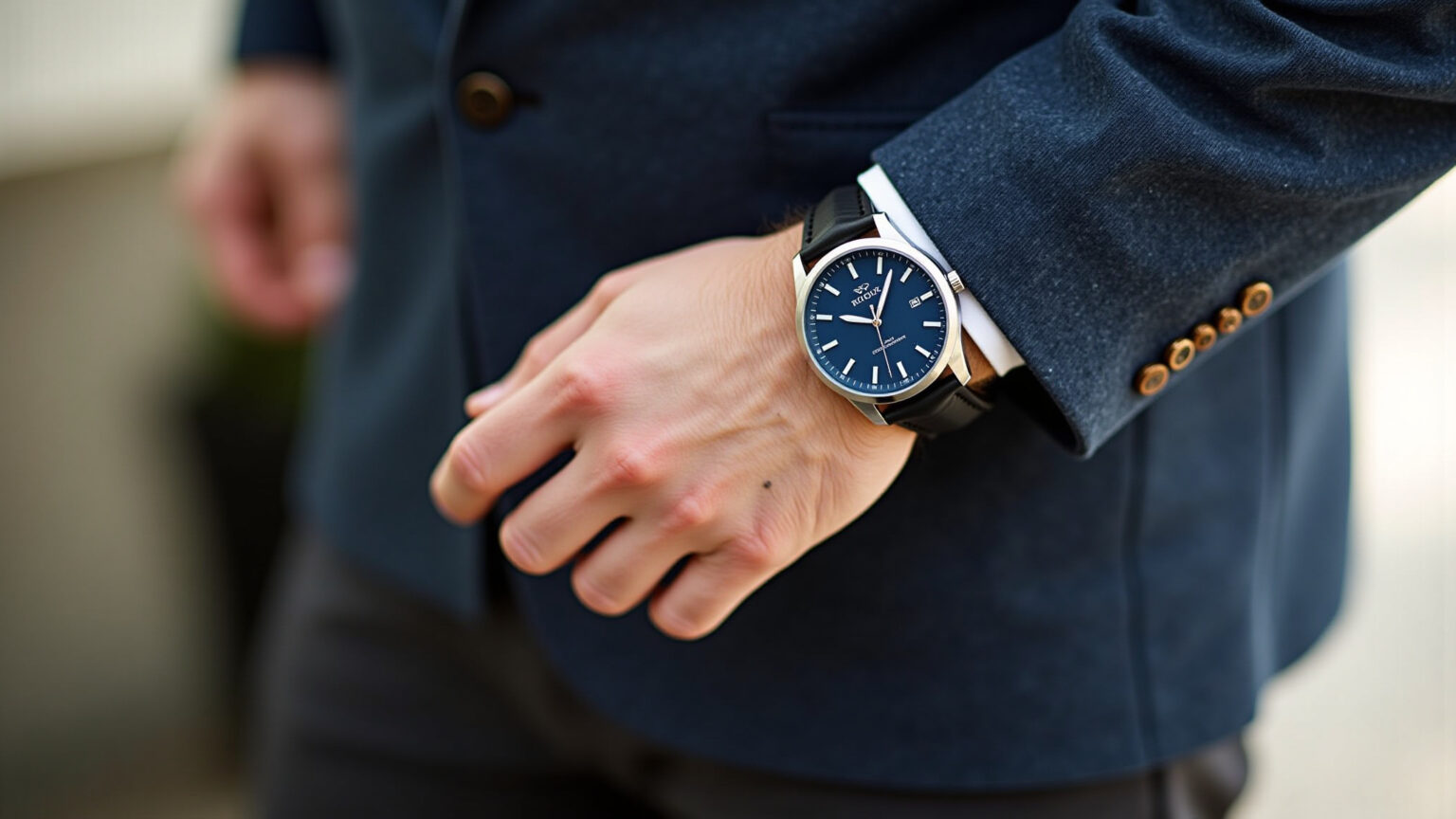 Relógio de pulso masculino com mostrador azul elegante.