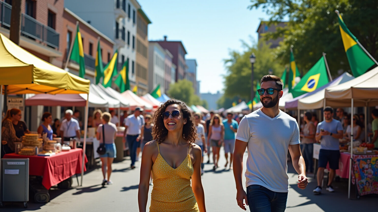 Feira comunitária vibrante com diversas pessoas e barracas de comida.