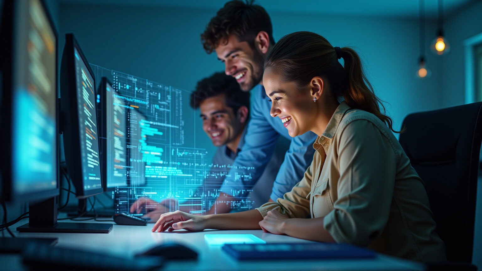 Desenvolvimento de Sites em 2026: Guia Completo das Tecnologias Essenciais Profissionais brasileiros colaborando em desenvolvimento web moderno com IA e interfaces holográficas.