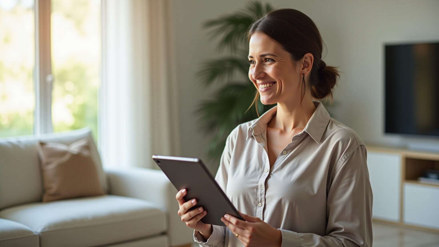 Mulher brasileira analisando imóvel com esperança e clareza.