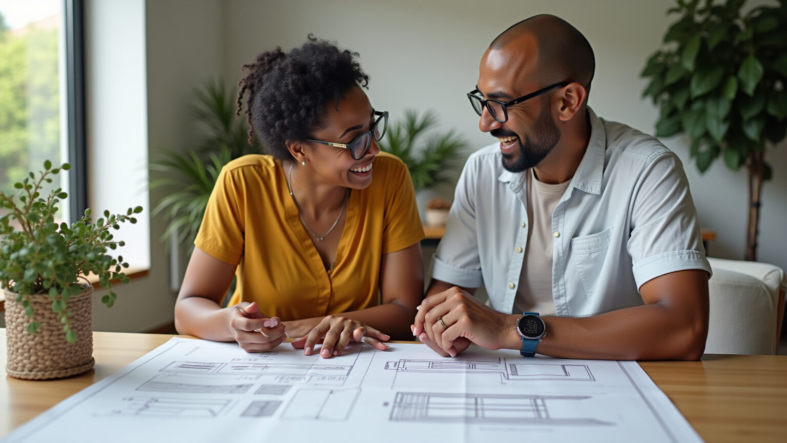 Quais erros evitar ao contratar móveis planejados? Casal brasileiro discutindo feliz um projeto de móveis planejados em casa.