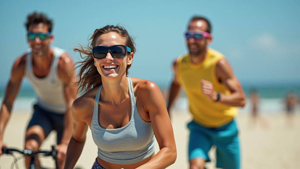 Óculos para Esporte: Serve Para Qualquer Modalidade ou Existe Um para Cada Atividade? Atletas brasileiros diversos praticando esportes com óculos especializados, transmitindo alegria e proteção.