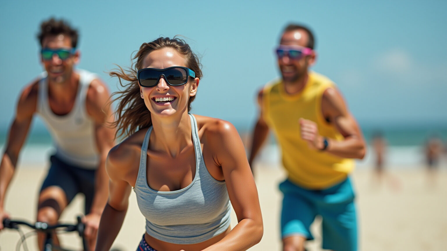 Atletas brasileiros diversos praticando esportes com óculos especializados, transmitindo alegria e proteção.
