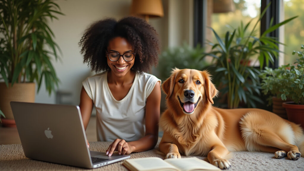 Trabalhando em Casa com Seu Pet: Produtividade e Bem-Estar em 2026 Pessoa trabalhando em casa em 2026 com seu cachorro, ambiente produtivo e feliz.