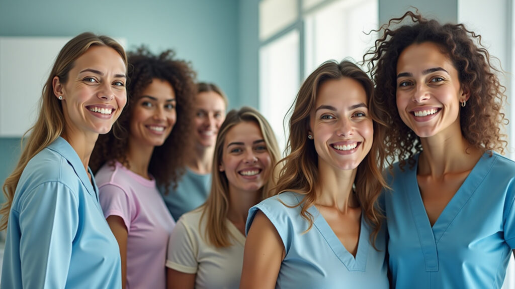 Plano Hapvida Odonto: O Que Está Coberto no Plano Dental? Grupo diverso de brasileiros sorrindo em uma clínica odontológica moderna e iluminada.