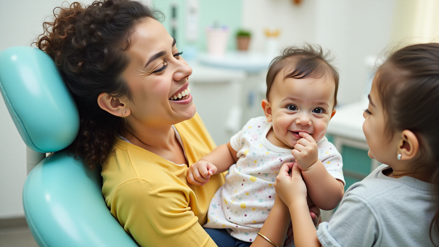 A primeira consulta do bebê ao dentista: por que pais atrasam tanto Mãe sorrindo segura a mão do bebê na primeira consulta ao dentista.
