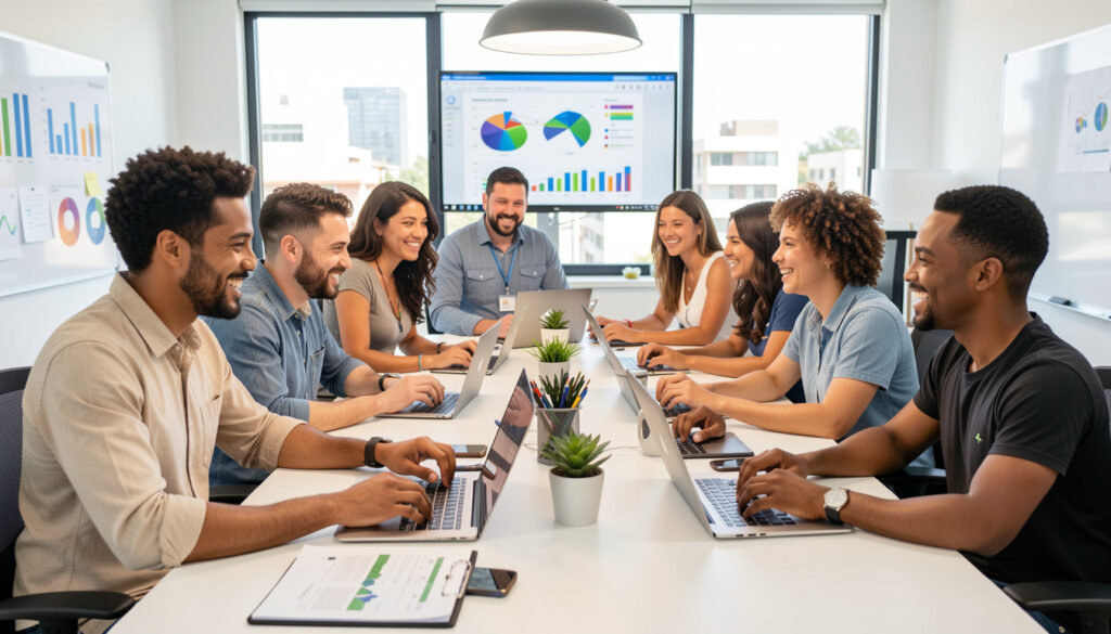 Empreendedores brasileiros colaborando em um ambiente de escritório moderno com ferramentas digitais.