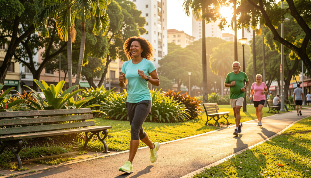 Caminhada ou corrida: qual melhora mais a resistência cardiovascular? Pessoas de diferentes idades e etnias praticando caminhada e corrida em um parque brasileiro vibrante.