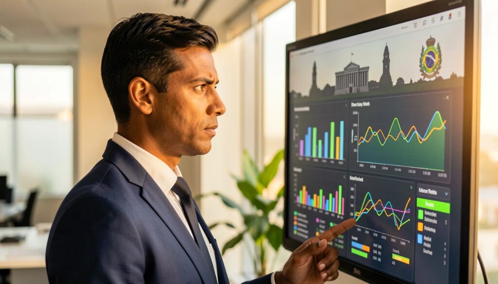 Cinco anos depois, a Lei 14.133 de 2021 transforma a forma como o governo compra Homem profissional analisando painel digital com dados de licitações públicas em escritório moderno.