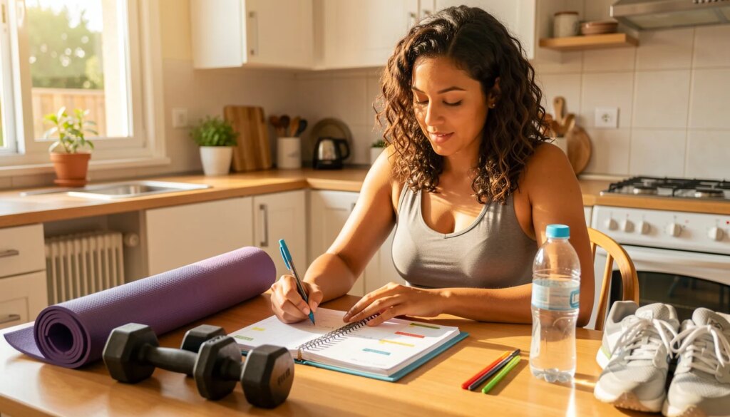 5 Dicas de Ouro para Organizar sua Rotina de Atividades Físicas na Semana Mulher planejando treinos semanais em agenda com equipamentos de ginástica ao redor.