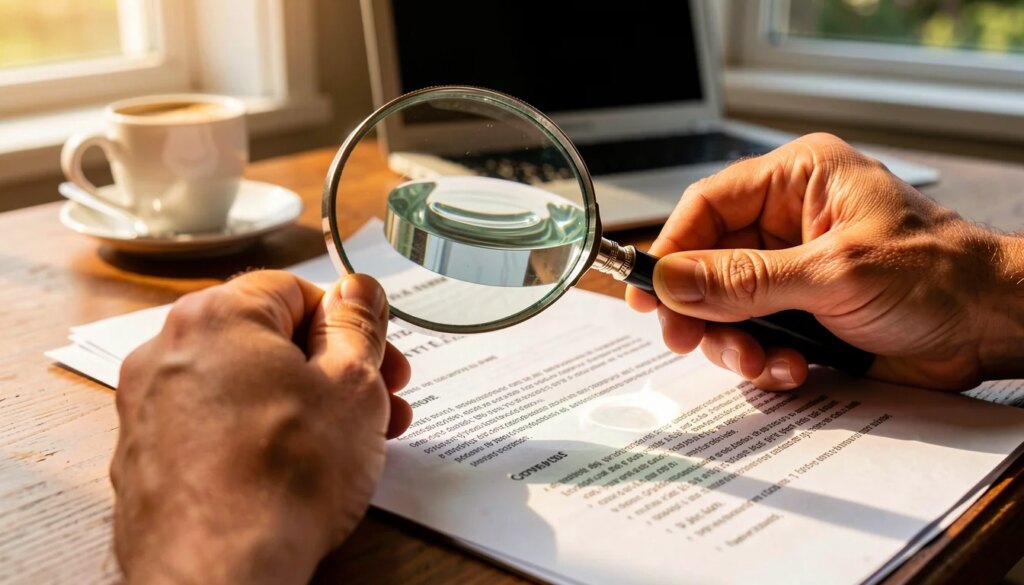 Como consultar dados de uma empresa antes de assinar contrato (passo a passo 2026) Mãos segurando uma lupa sobre documentos em uma mesa de madeira, com notebook ao fundo, iluminação natural.
