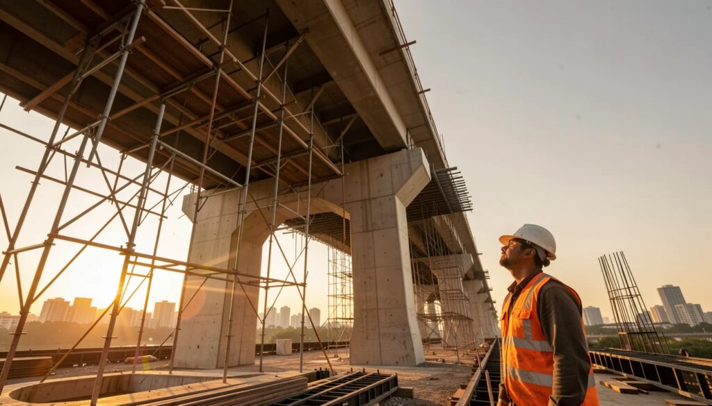 Obra de ponte com trabalhador de capacete olhando para estrutura de concreto ao pôr do sol