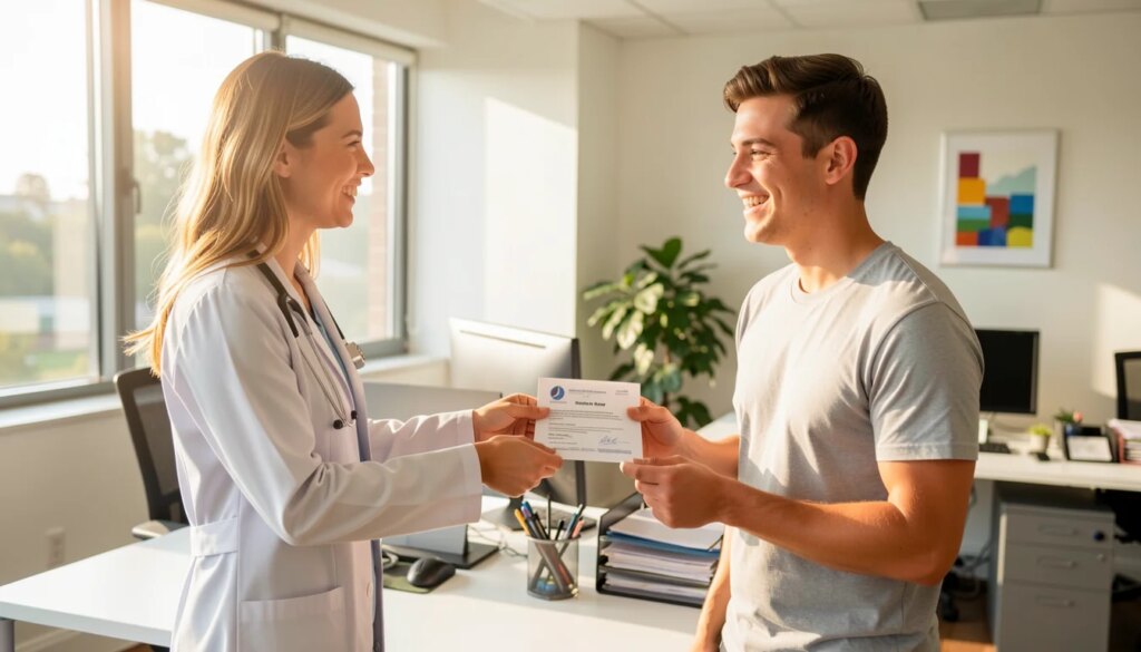 Médico entregando atestado a paciente em consultório moderno
