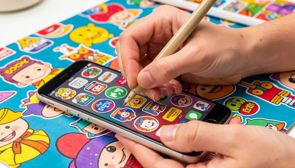 Como personalizar WhatsApp do zero: textos, conversas e perfil com ferramentas gratuitas Mãos personalizando um smartphone com figurinhas coloridas e papel de parede, fundo claro.