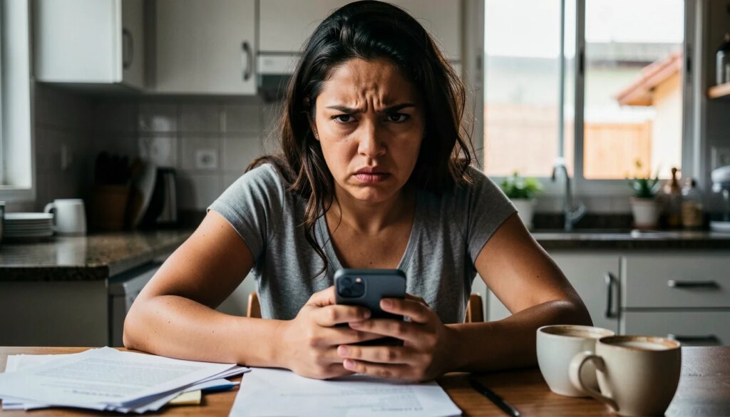 Plano de saúde cobre cirurgias? Direitos, carências e como recorrer Mulher brasileira segurando celular com expressão preocupada em mesa com papéis, luz natural, plano próximo.