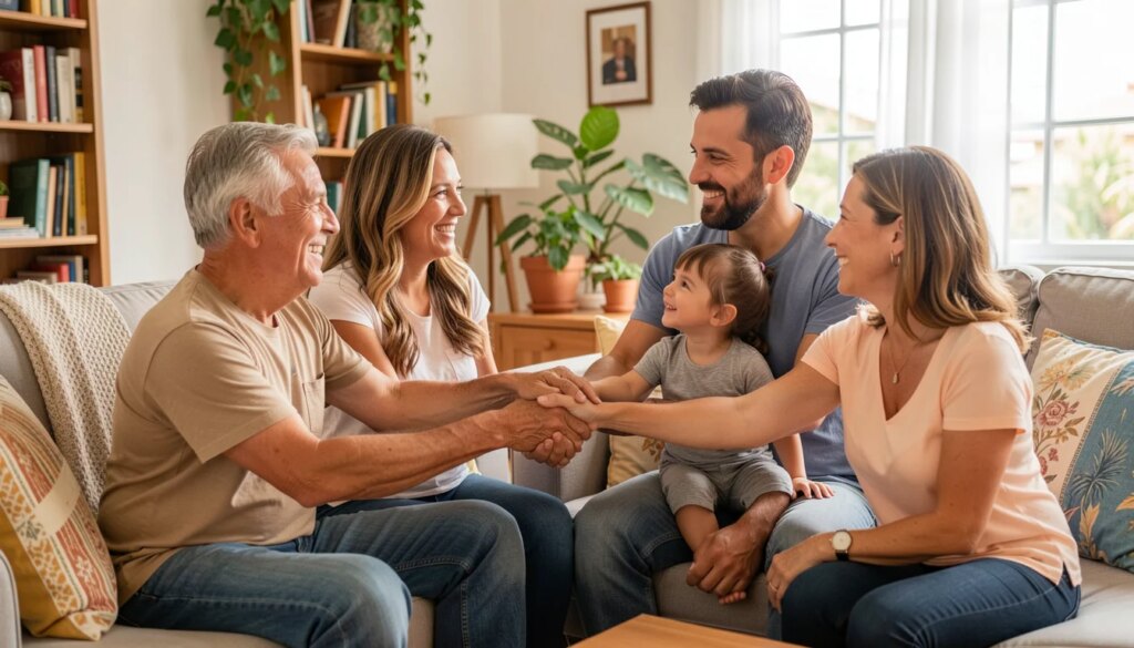 Família brasileira de várias gerações de mãos dadas em sala de estar acolhedora, transmitindo segurança e união.