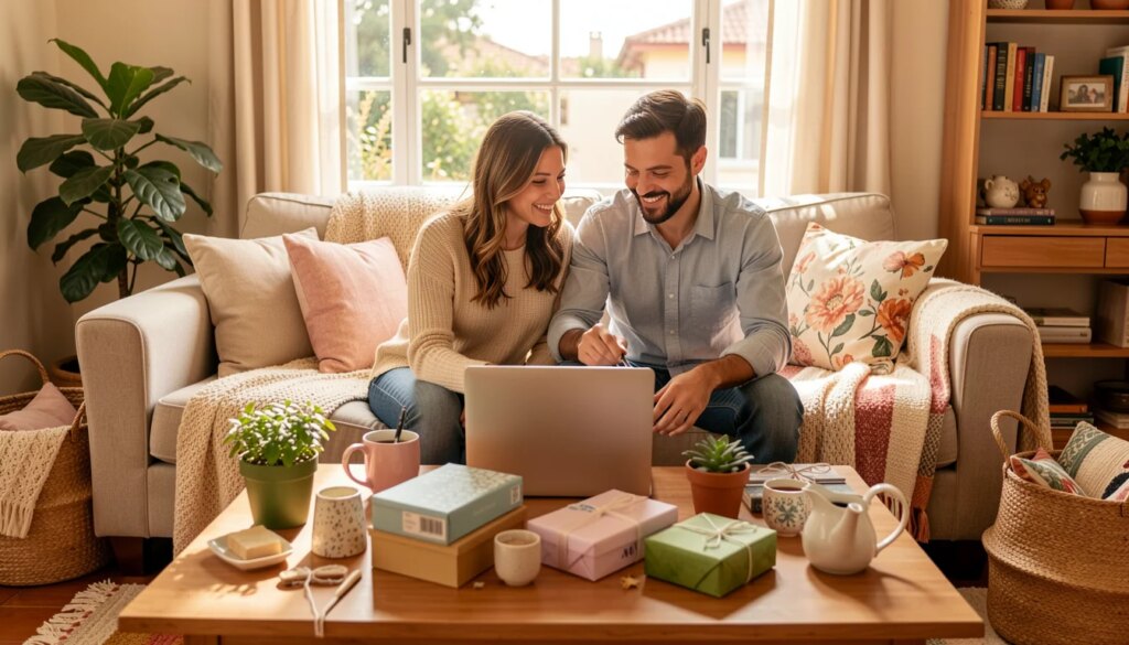 Casal sorridente escolhendo presentes para lista de casamento em casa, com itens de decoração ao redor.