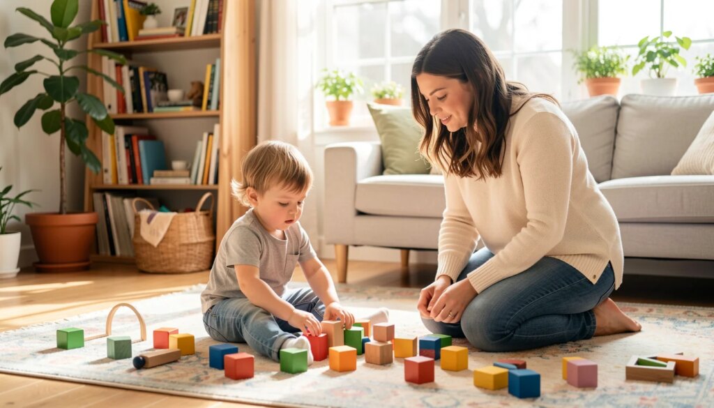 Mãe observa criança pequena brincando em tapete na sala iluminada por luz natural.