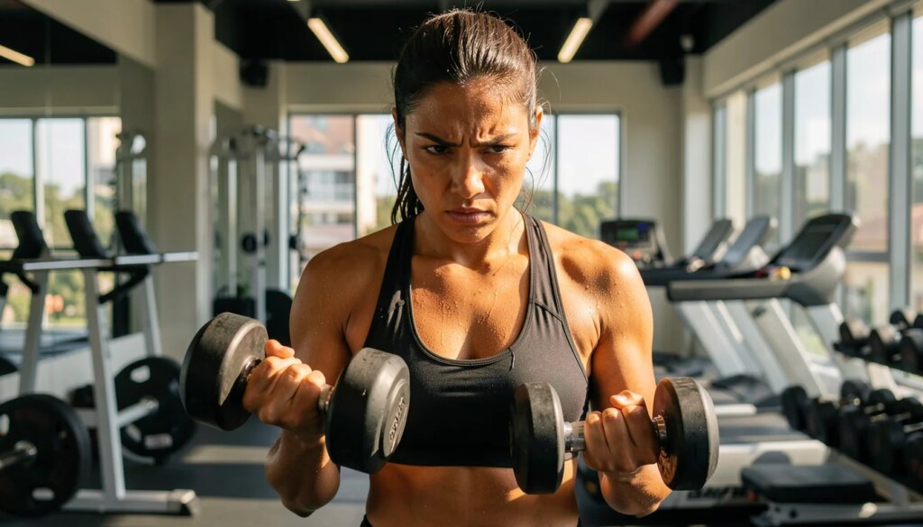 Musculação Inteligente: Como Melhorar a Performance e Conquistar Resultados Duradouros Mulher treinando musculação com postura correta em academia iluminada